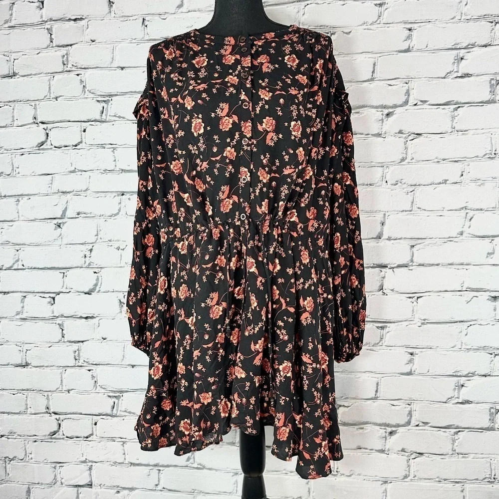 Free People Women’s Flower Fields Black Mini Dress Medium Fall Floral Oversized